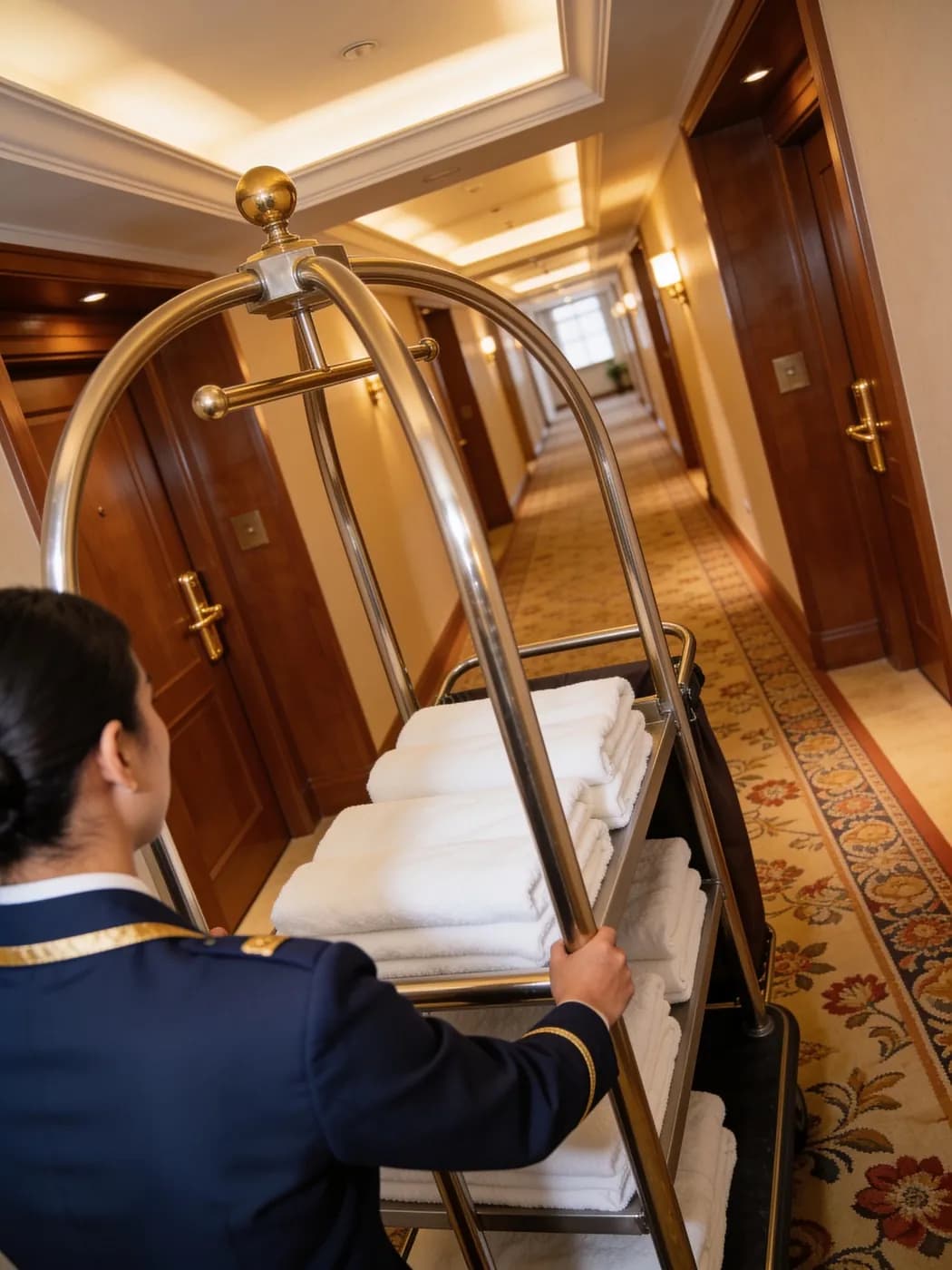 Pokojówka hotelowa z wózkiem do sprzątania w eleganckim hotelowym korytarzu