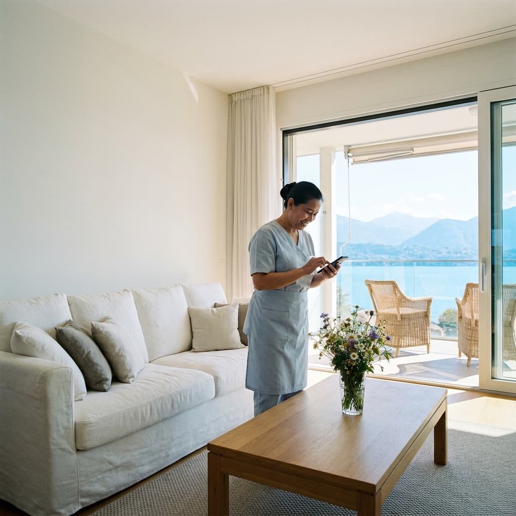 Reinigungskraft prüft mit dem Handy ein aufgeräumtes Wohnzimmer einer Ferienwohnung