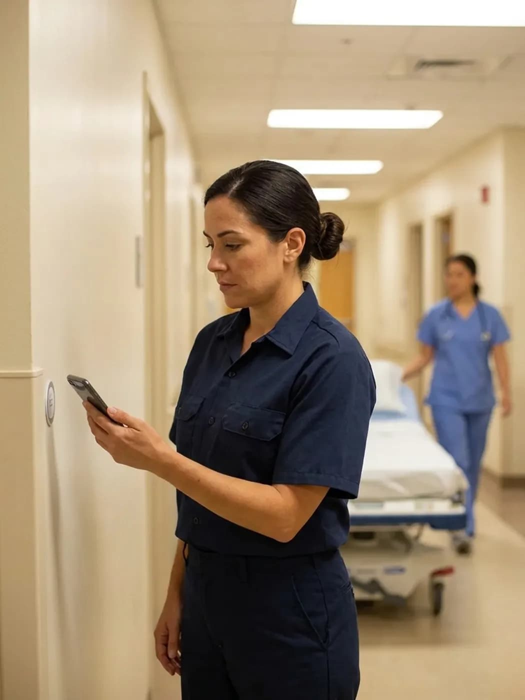 Technician scans an NFC tag on the wall of a hospital corridor