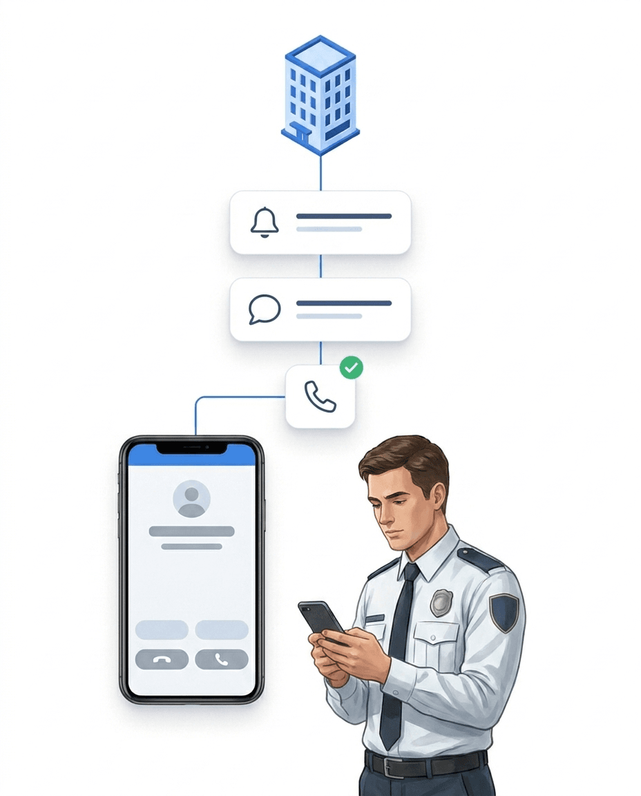 Sicherheitsmitarbeiter erhält die Alarm-Eskalation auf dem Smartphone – nach Push und SMS folgt der automatische Anruf