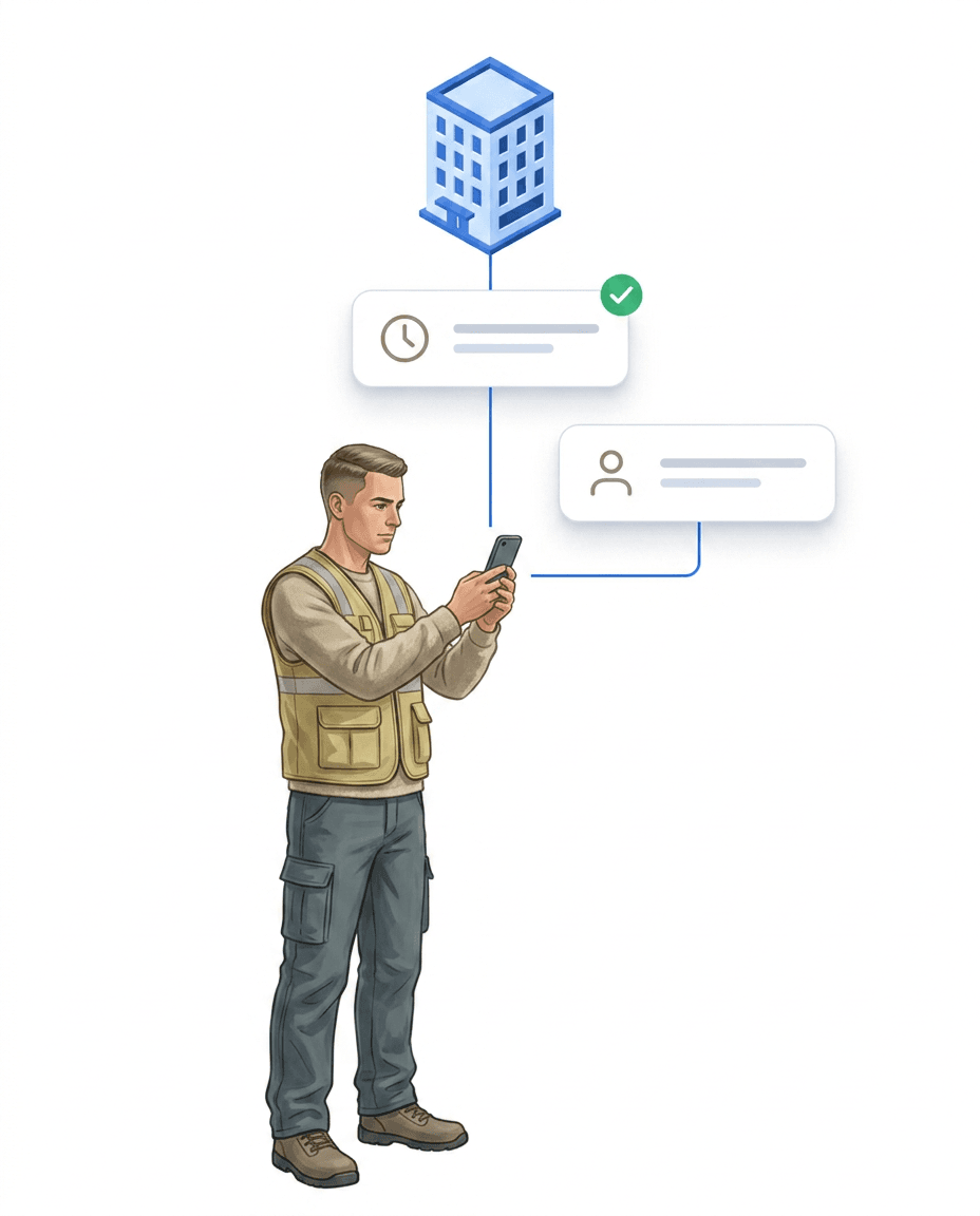 Worker checking in at the property with his smartphone – floating cards with a clock and a person show the recorded attendance