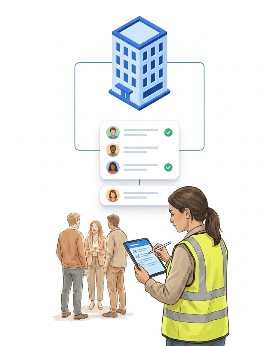 Evacuation warden in a high-visibility vest checking the list of people on a tablet at the assembly point – two names are ticked off