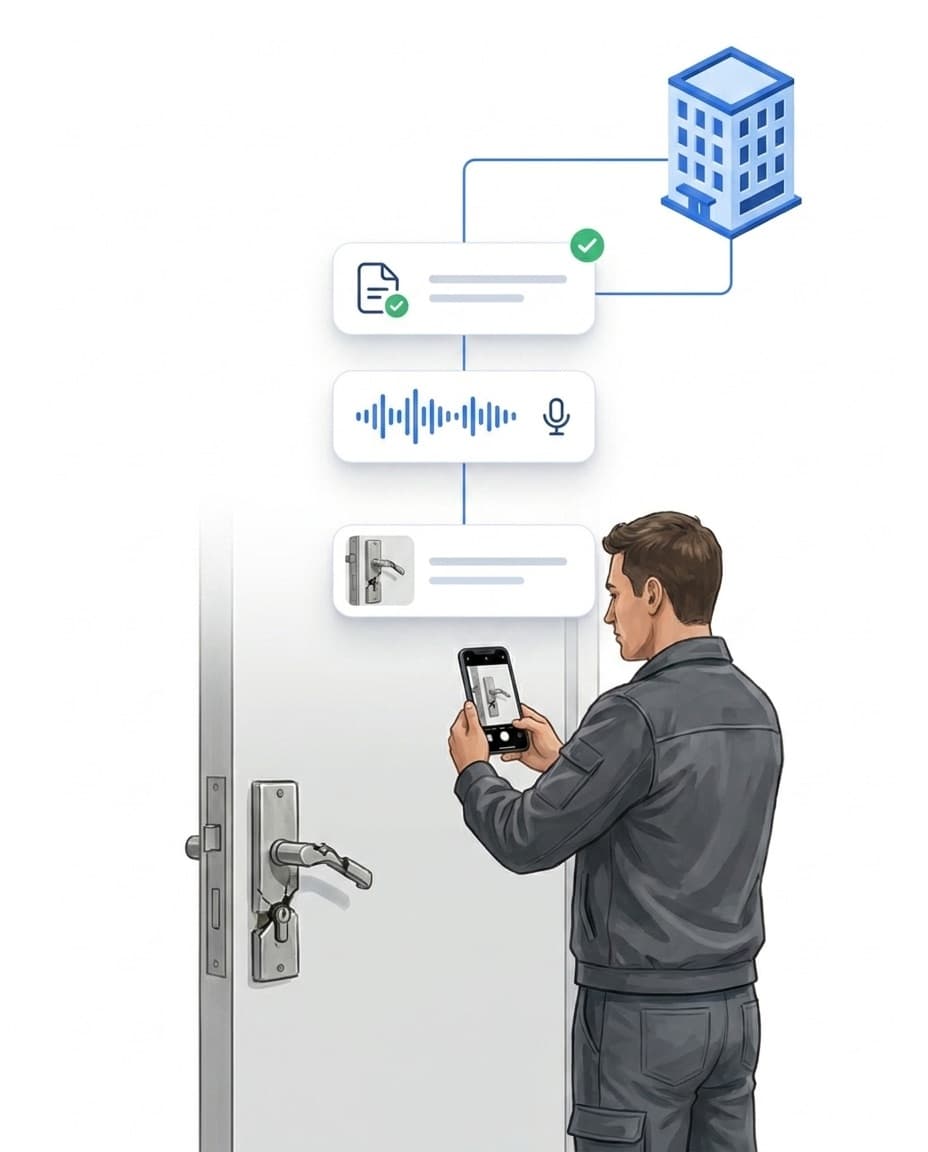 Illustration: Servicemitarbeiter fotografiert ein beschädigtes Türschloss mit dem Smartphone – Karten mit Foto, Sprachmemo-Wellenform und Meldung mit grünem Haken steigen zum Gebäude auf