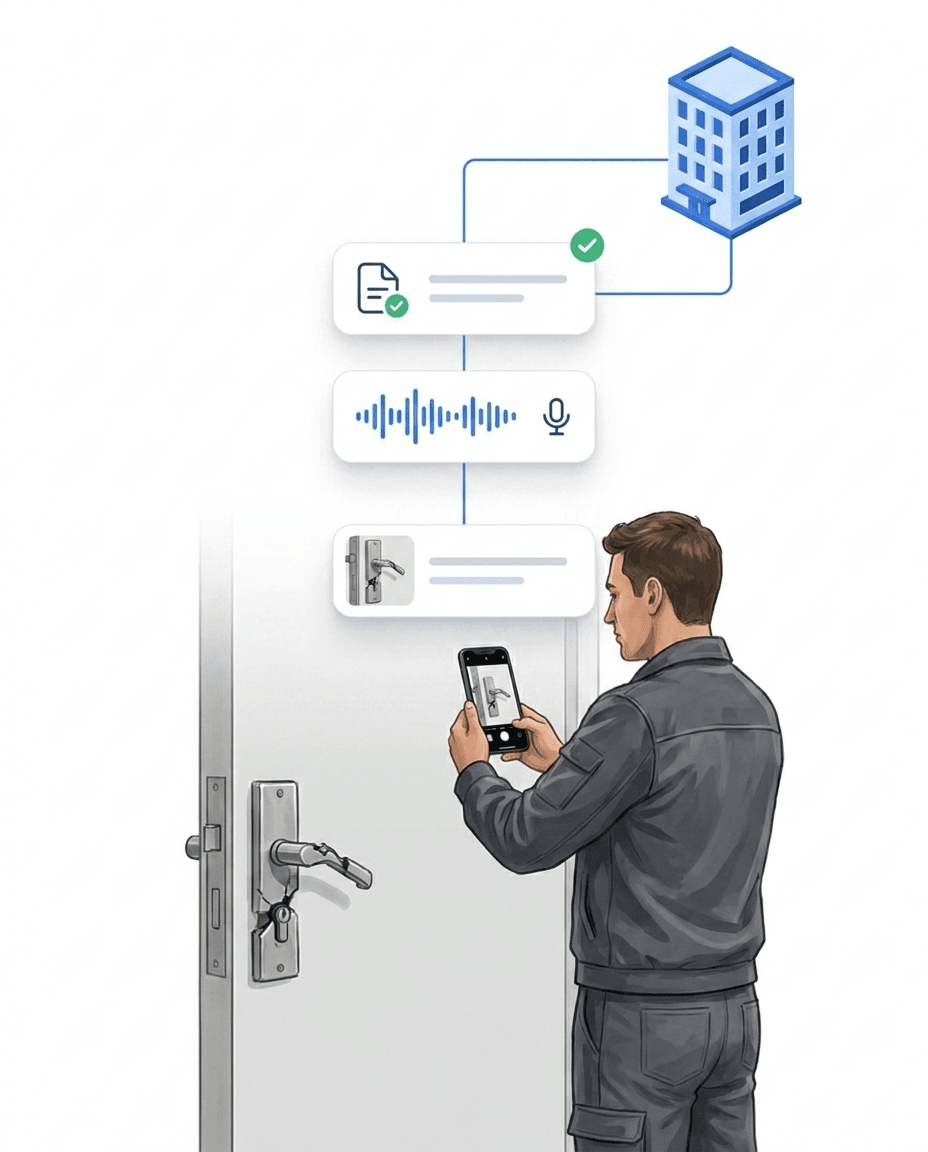 Illustration: Servicemitarbeiter fotografiert ein beschädigtes Türschloss mit dem Smartphone – Karten mit Foto, Sprachmemo-Wellenform und Meldung mit grünem Haken steigen zum Gebäude auf