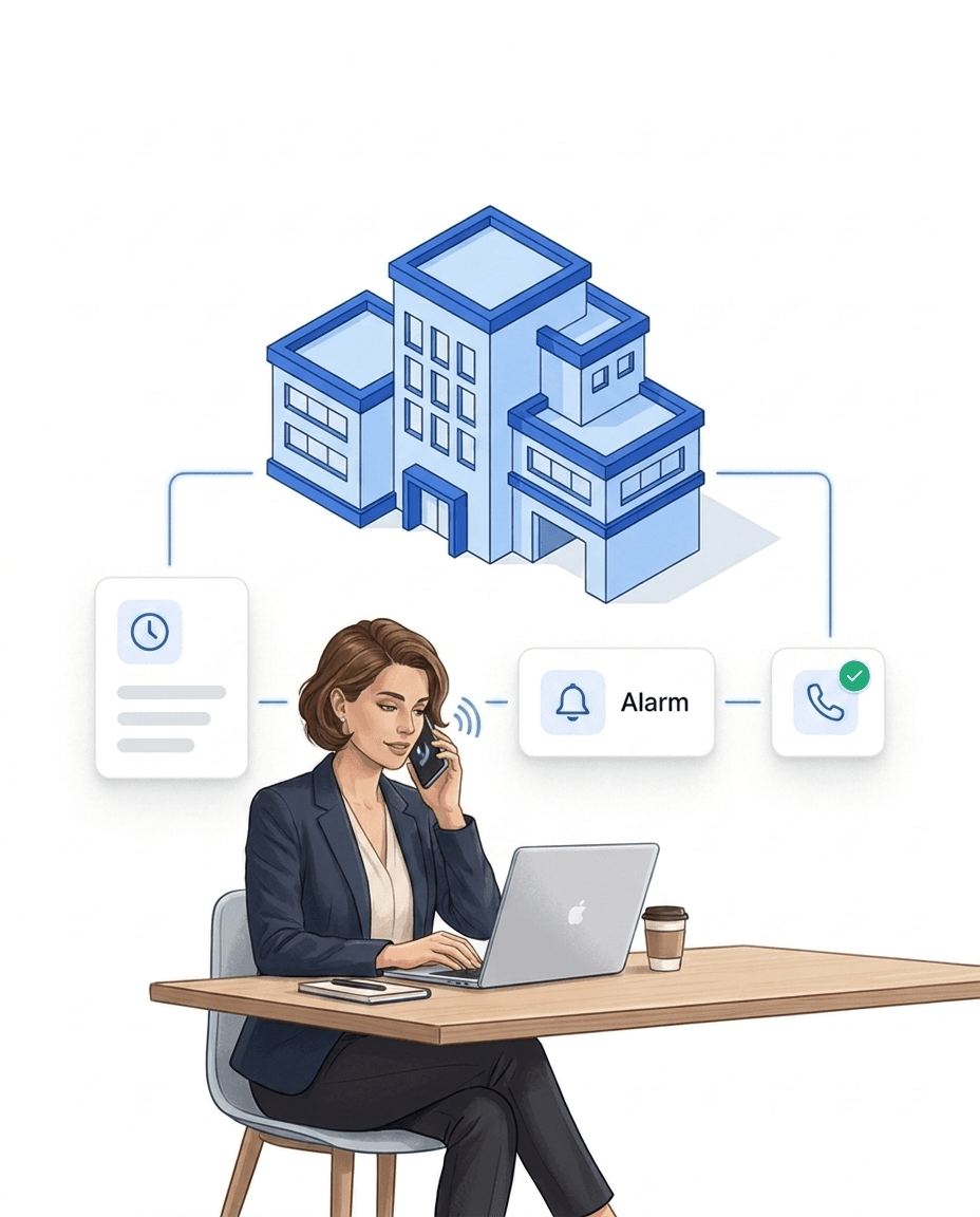 Operations manager automatically alerted by phone call on main alarm – the escalation chain is fully logged