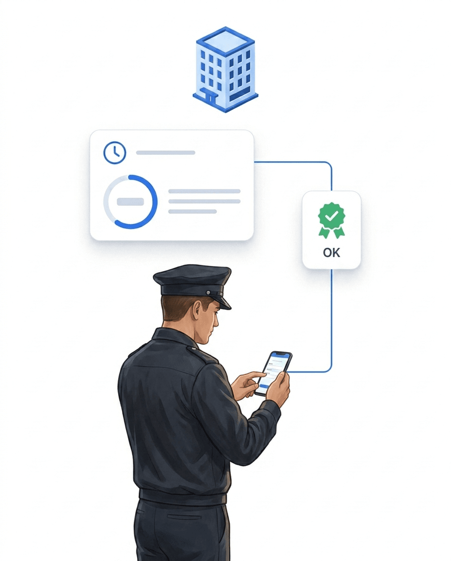Security guard alone at the property confirming the live check via the status control in the app – the interval restarts