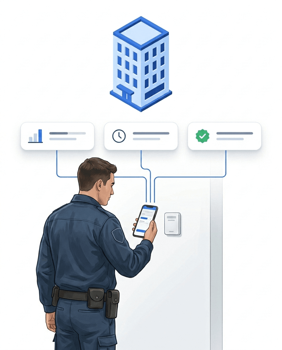 Security guard scanning a checkpoint – the scan automatically feeds the contract metrics