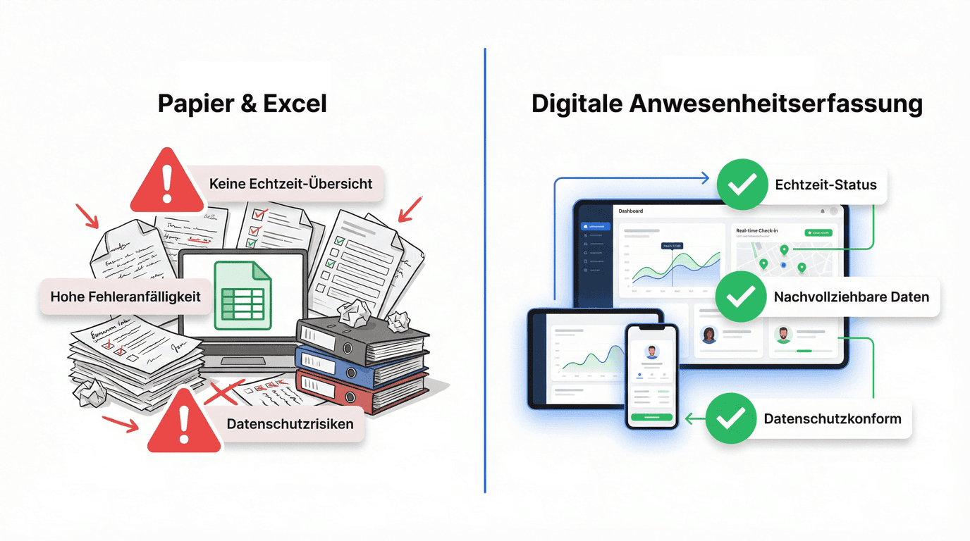 Digitale Anwesenheitserfassung vs. Papier und Excel