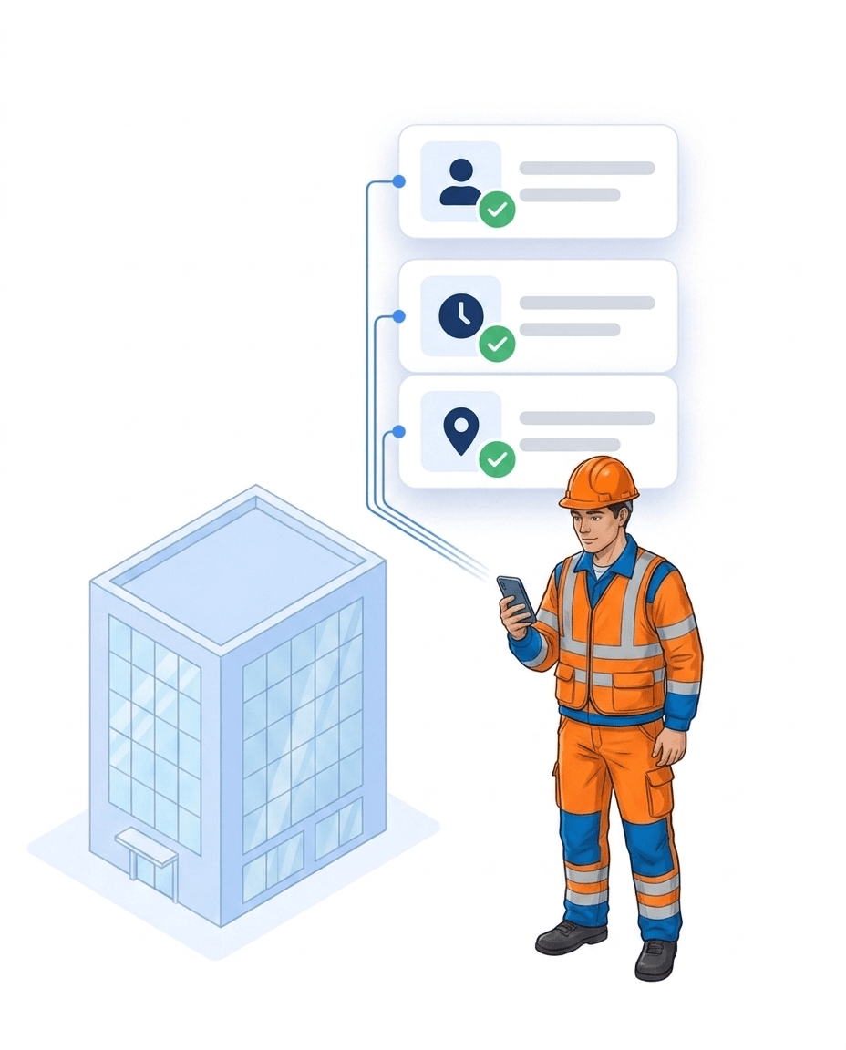 Worker in high-visibility clothing with a smartphone in front of a building, above him cards with person, clock, and location icons
