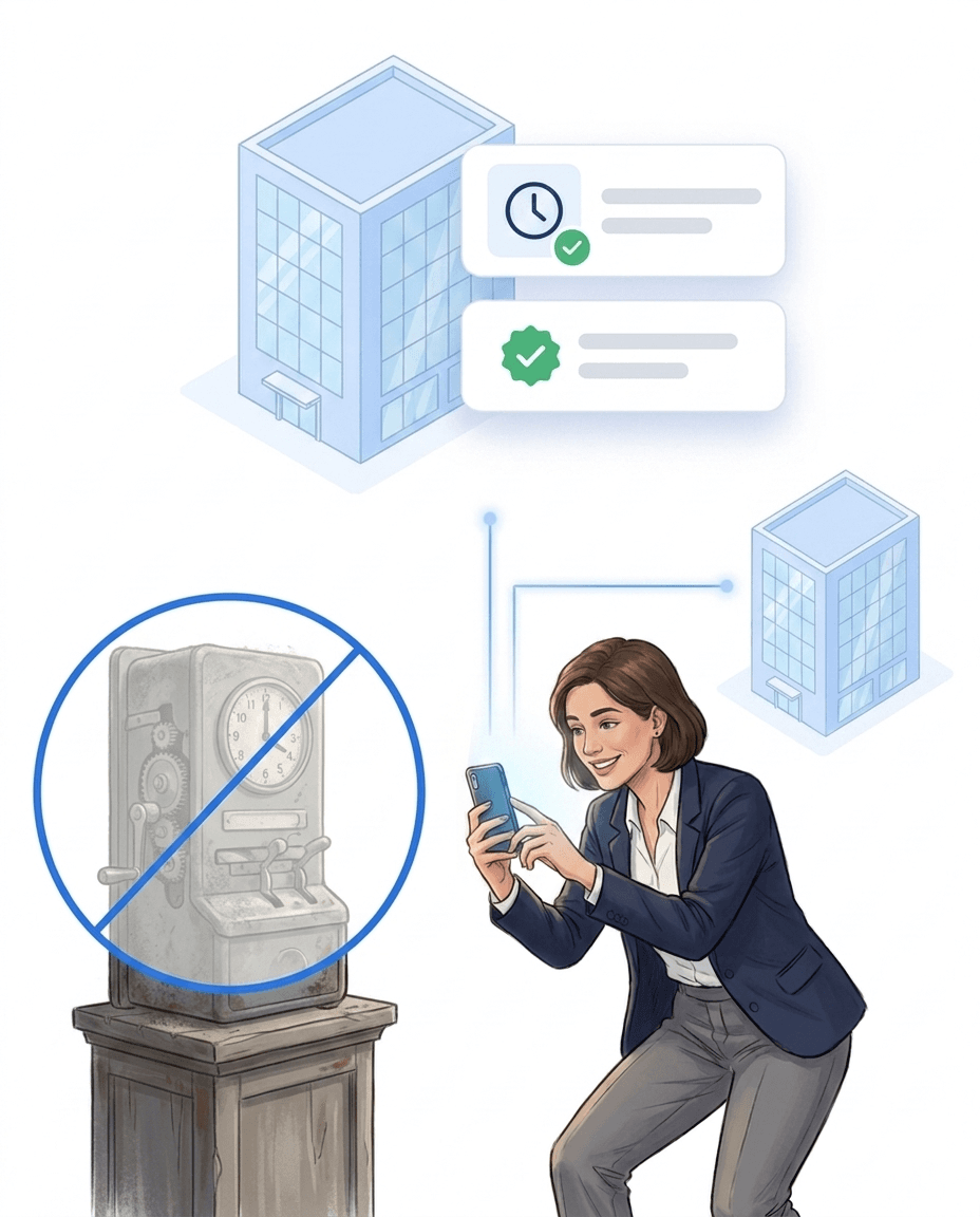 Durchgestrichene alte Stechuhr neben einer Mitarbeiterin, die Arbeitszeiten per Smartphone erfasst