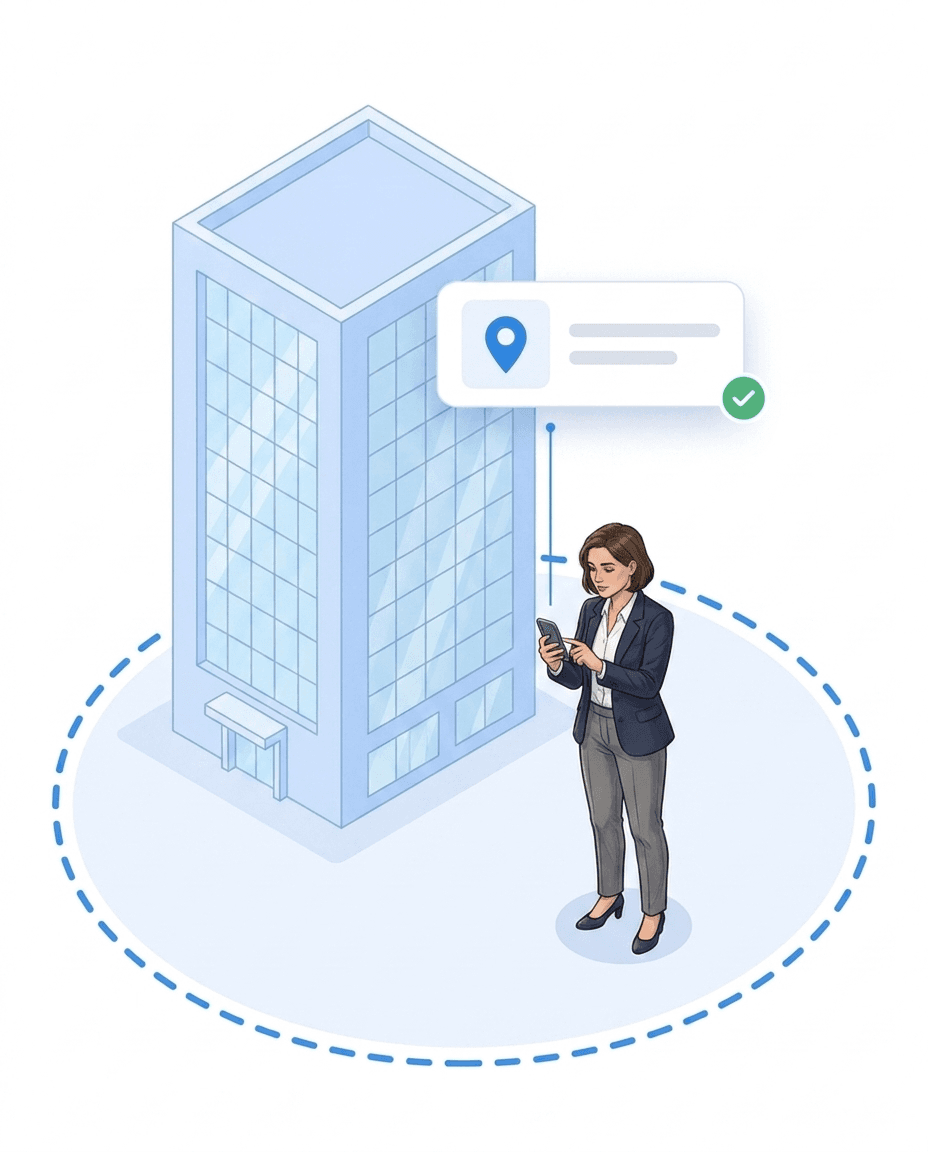 Gestrichelter Geofence-Ring um ein Gebäude, darin eine Mitarbeiterin mit Smartphone und Standort-Karte mit grünem Haken