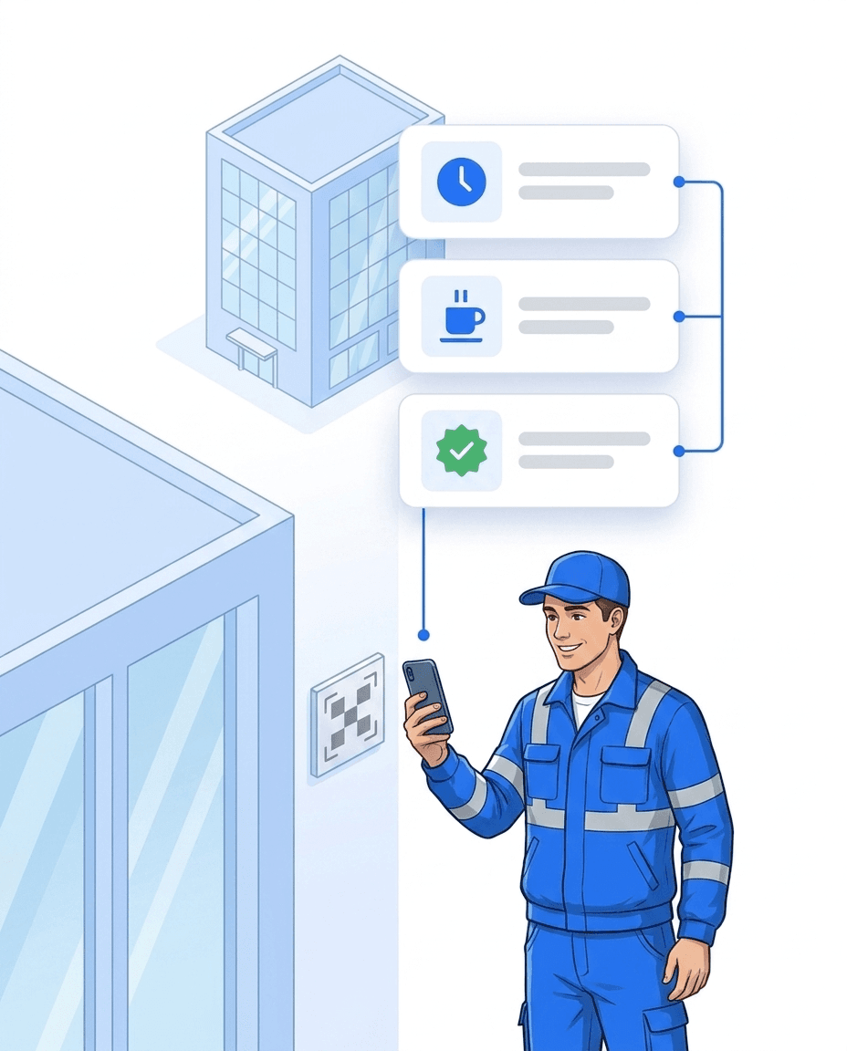 Mitarbeiter scannt mit dem Smartphone einen Code am Gebäudeeingang, daneben Karten für Beginn, Pause und Abschluss