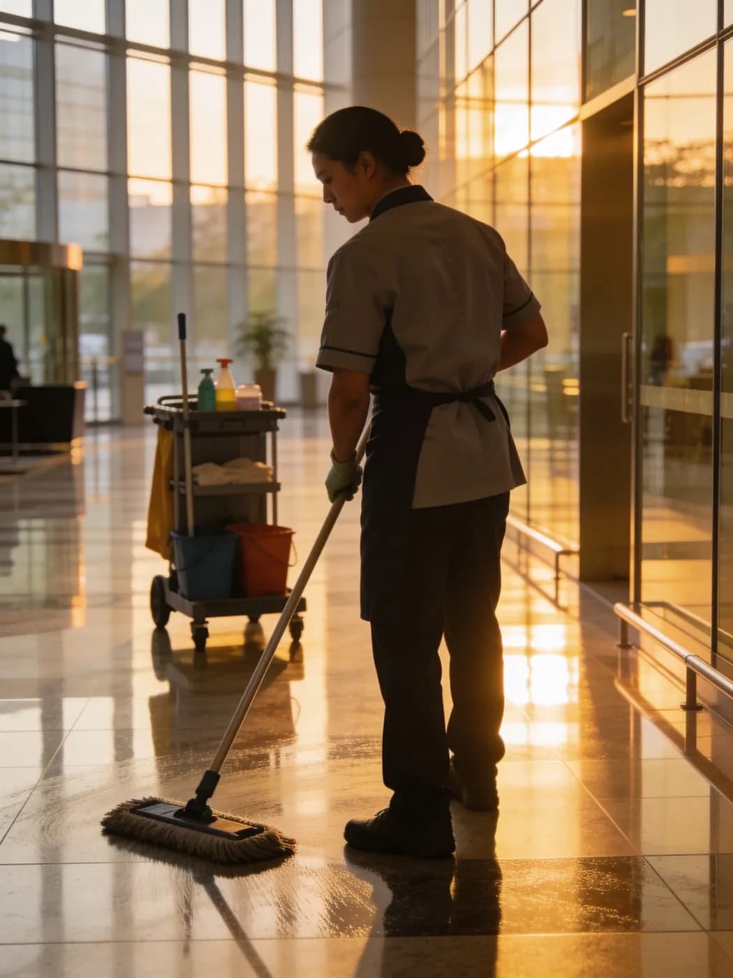 Pulitore che pulisce il pavimento in un moderno atrio di un ufficio