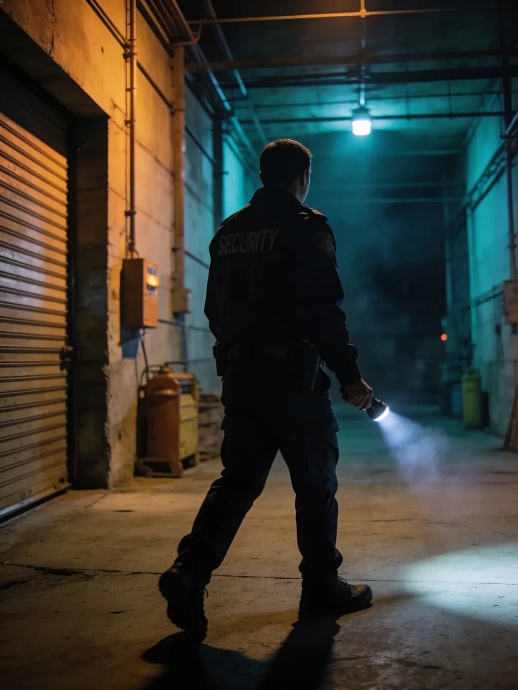 Security guard on a night patrol with a flashlight in a warehouse