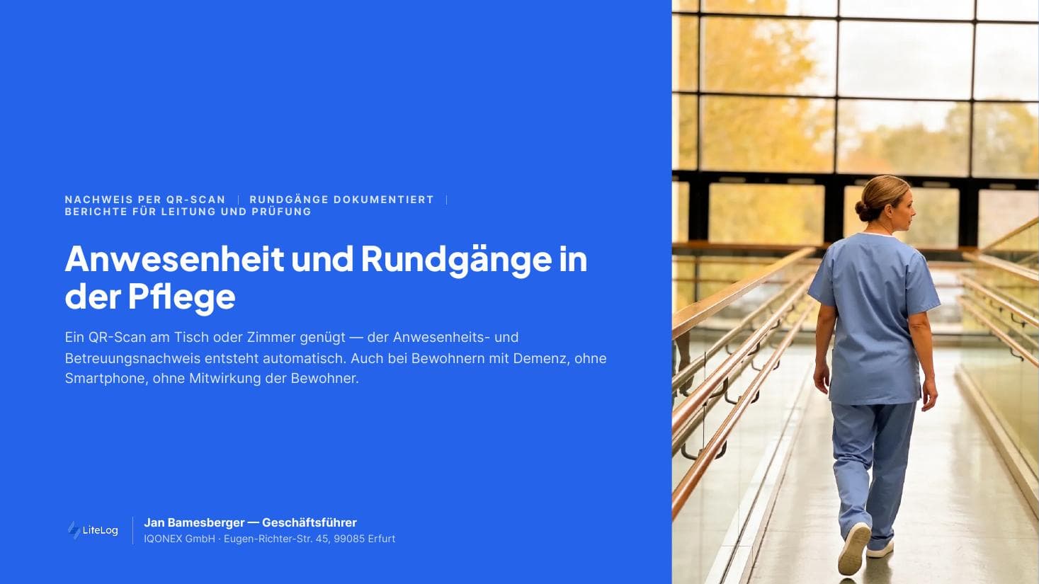 Titelseite der Broschüre „Pflege — Anwesenheit und Rundgänge in Pflegeeinrichtungen“
