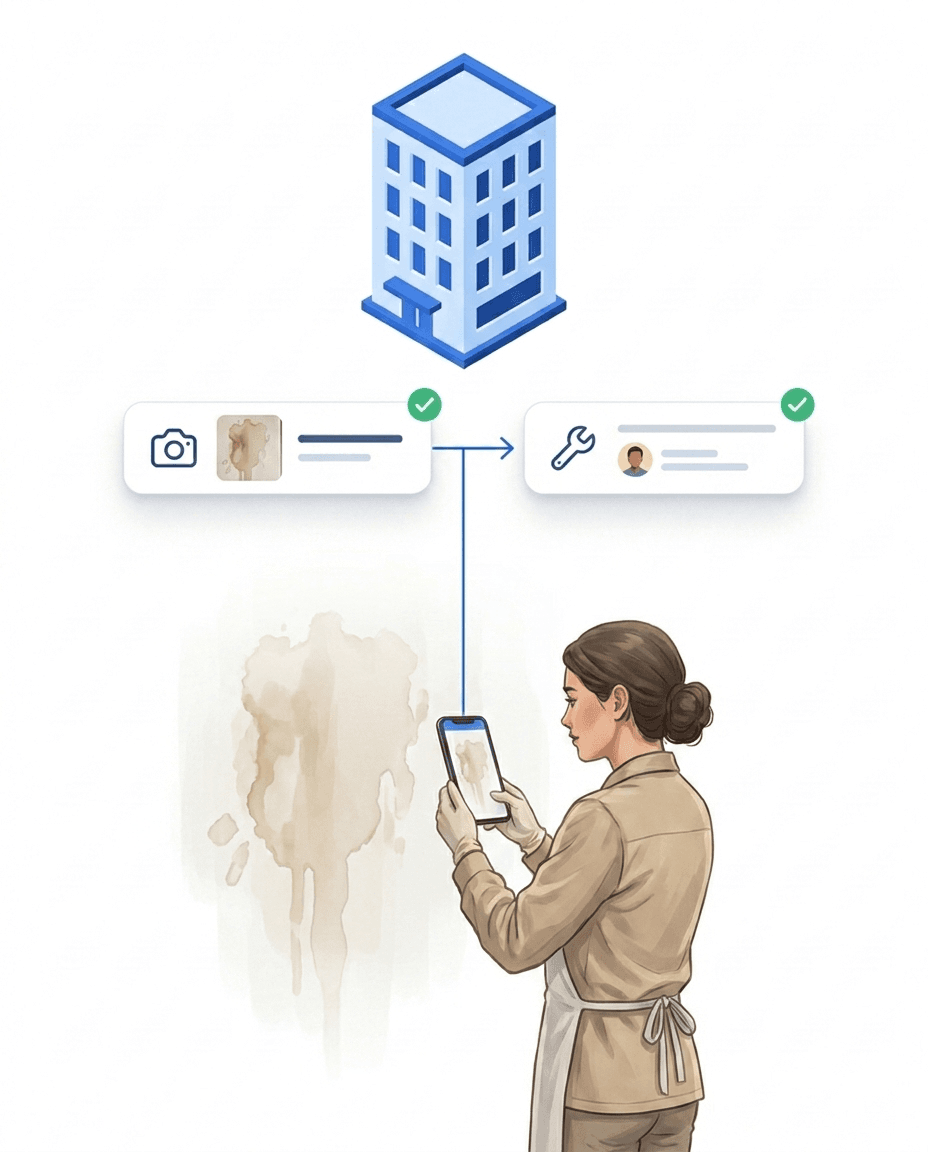 Cleaning professional photographing a water stain with a smartphone – the report becomes a task with an owner