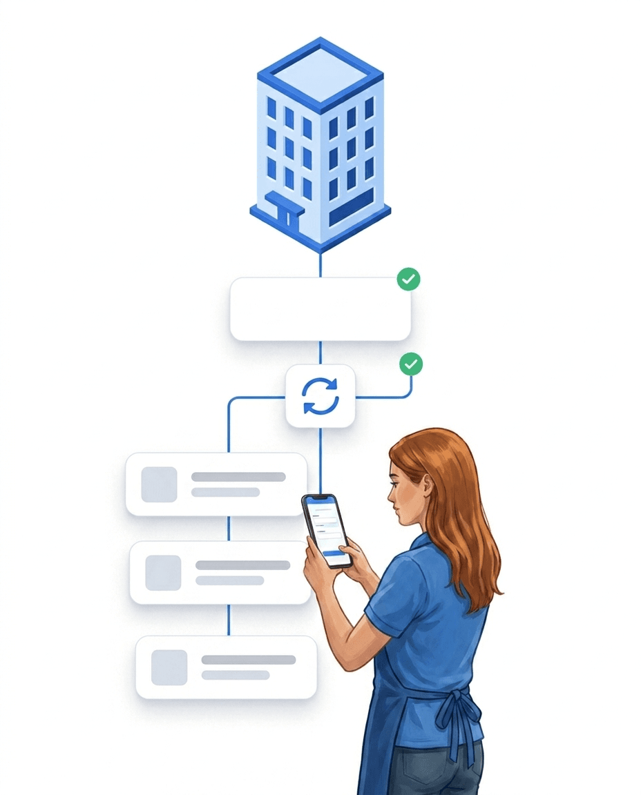 Illustration: employee holding up her smartphone as saved entries flow as cards through a sync icon with green checks up to the building