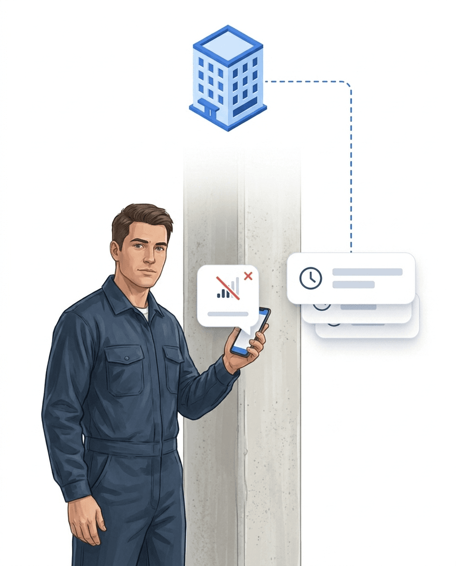 Illustration: employee at a concrete pillar in an underground car park, his smartphone showing no signal — entries are saved locally as cards while the dashed line to the building is interrupted