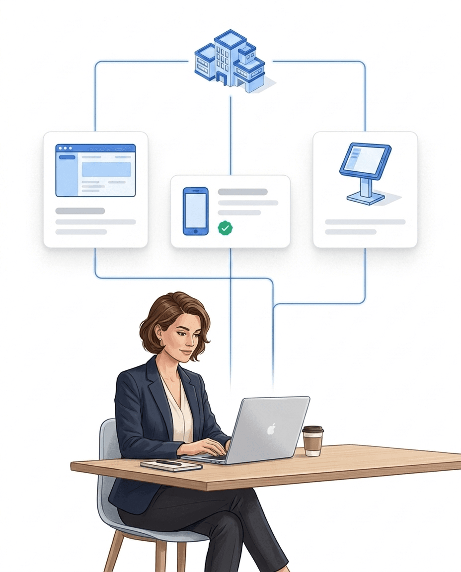 Illustration: woman at a laptop below three access channel cards — browser portal, smartphone app and terminal — connected to one central building