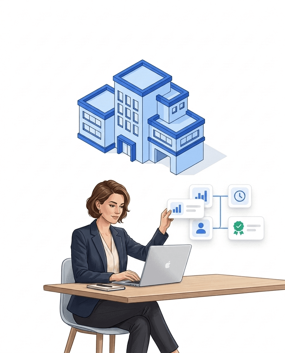 Nutzerin ordnet die Kacheln ihres KPI-Dashboards per Drag-and-drop am Laptop an