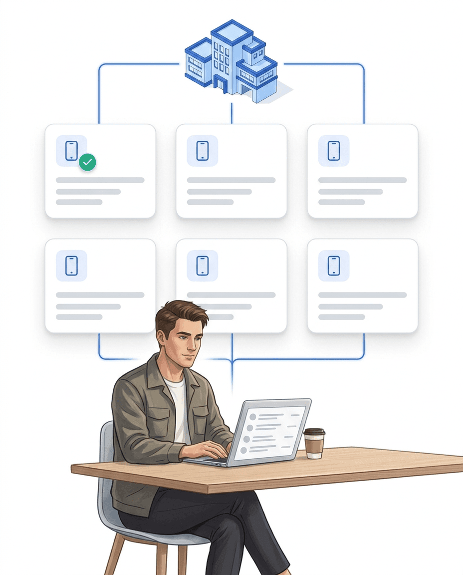 Administrator viewing the automatic device inventory on a laptop – floating cards each show a smartphone with placeholder details