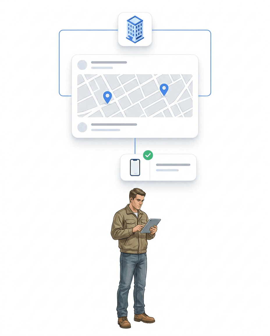 Site manager with a tablet checking live device locations – the floating card shows a street map with two blue location pins