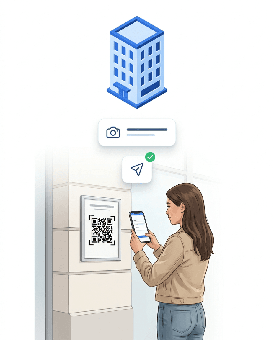 Арендатор сканирует QR-уведомление о билете на объекте и сообщает о проблеме с фотографией – без входа в систему и без приложения.