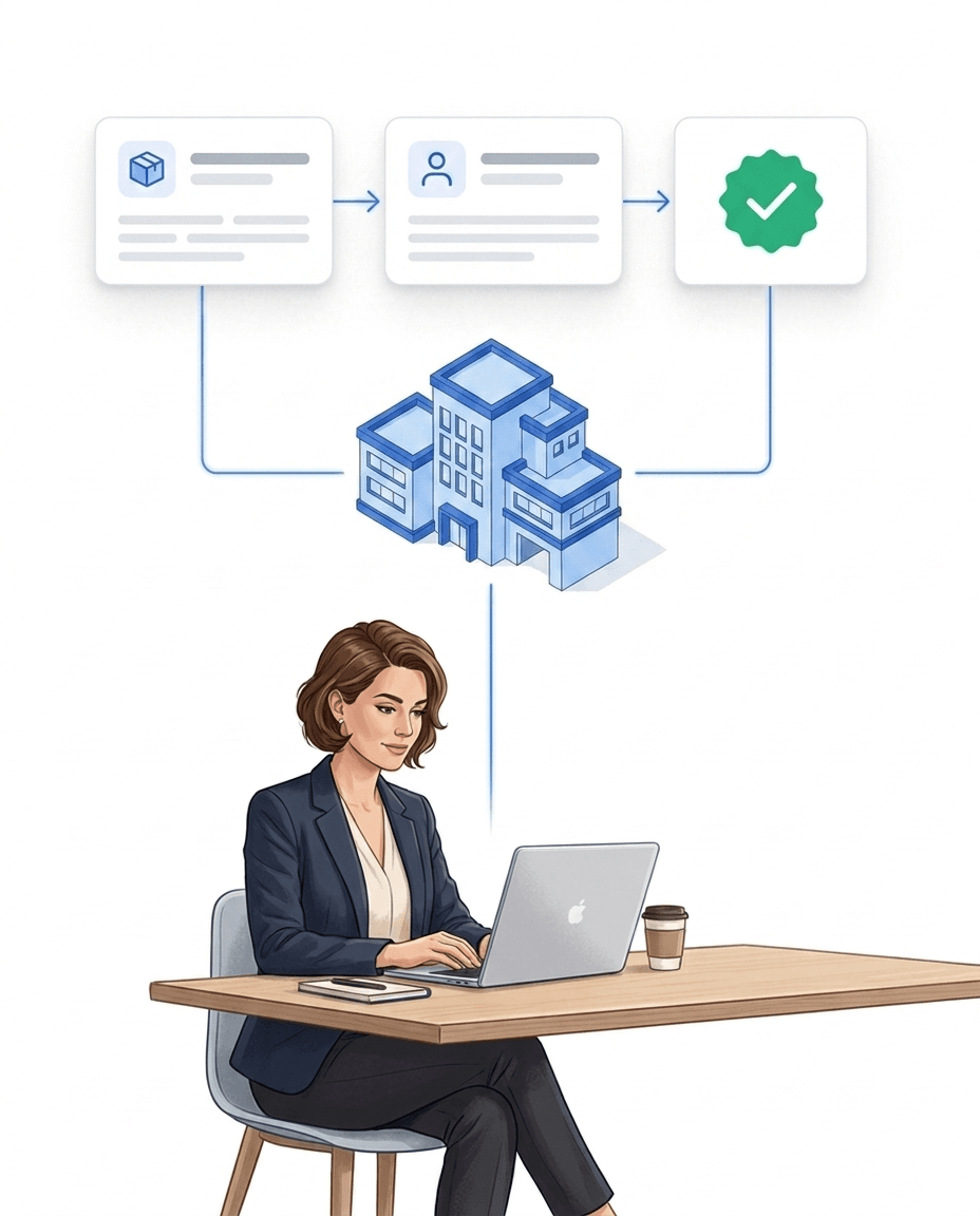 Material request as a case with a status — from request through approval to the fulfilled refill with a green check