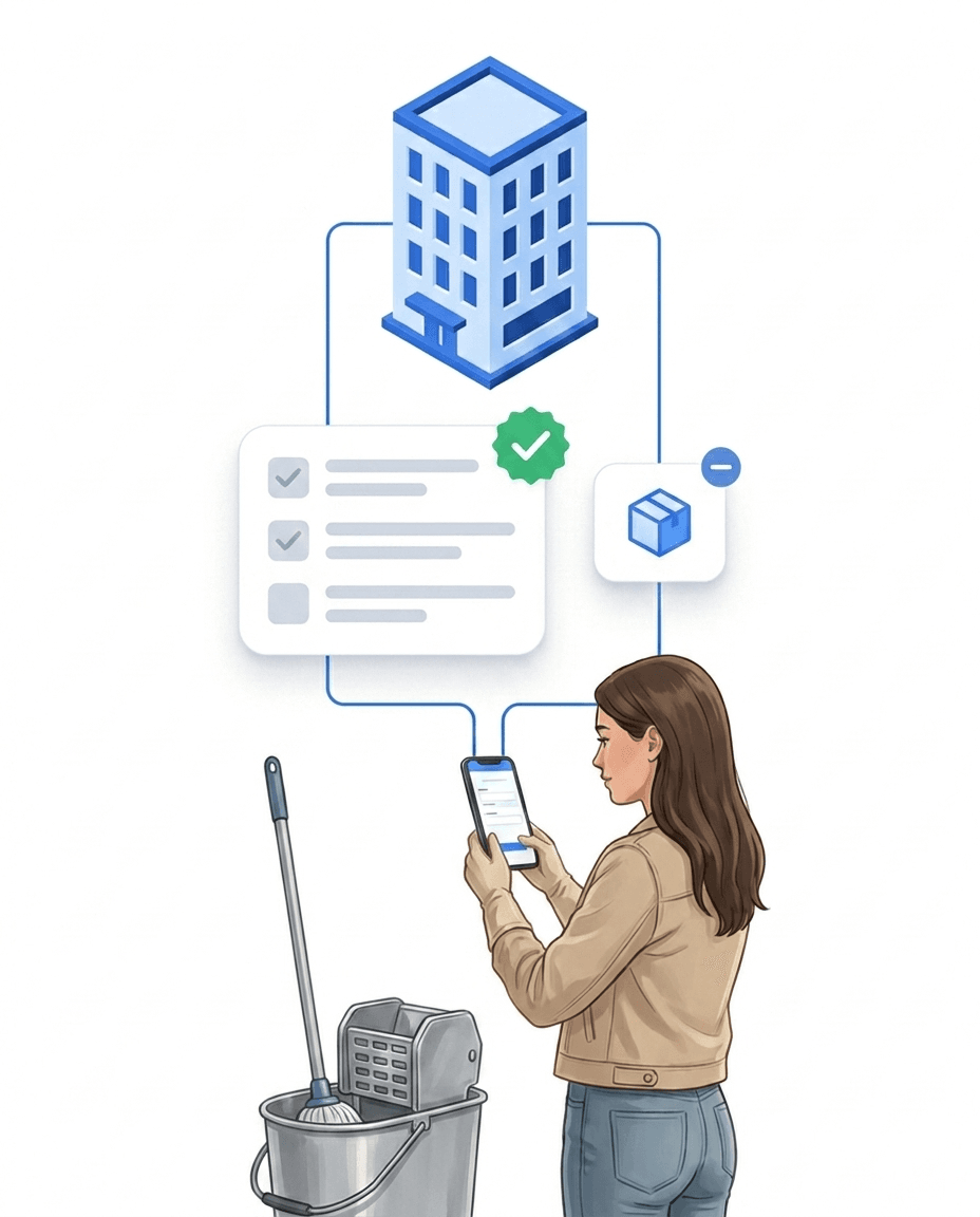 Cleaner confirming the pre-filled material consumption in the LiteLog app when completing a task — the booking happens on the side