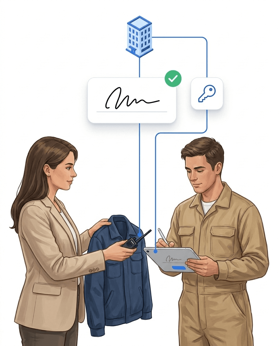Issuing a work jacket and a radio to an employee — he signs on a tablet and the receipt with signature is created as a PDF