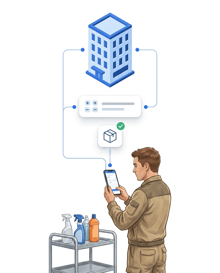 Facility worker booking a material withdrawal on his smartphone at a supply trolley — the journal tracks additions and withdrawals with provable stock