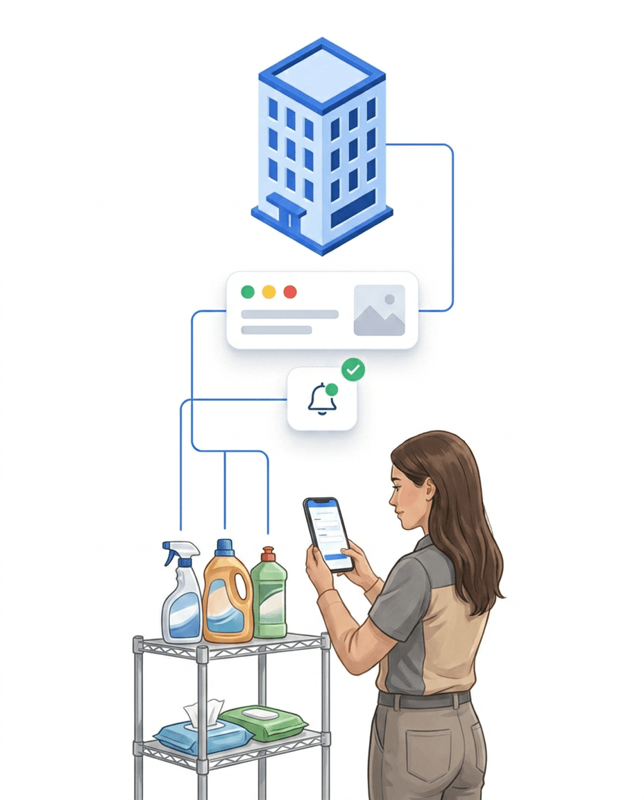 Site manager checking the traffic-light status on her smartphone at a nearly empty shelf — LiteLog notifies automatically when stock falls below the minimum