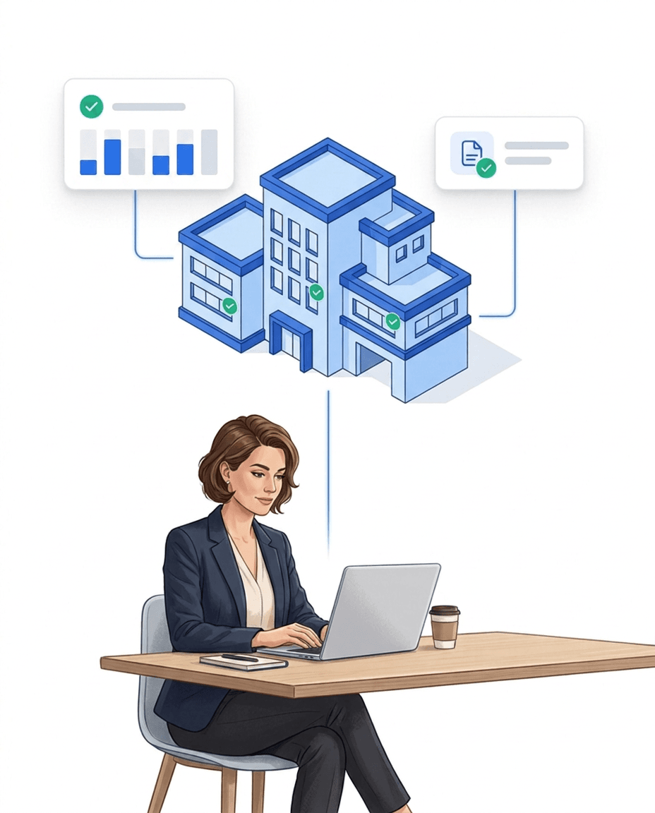 Manager viewing the material consumption report on a laptop — additions, withdrawals and costs per site and period