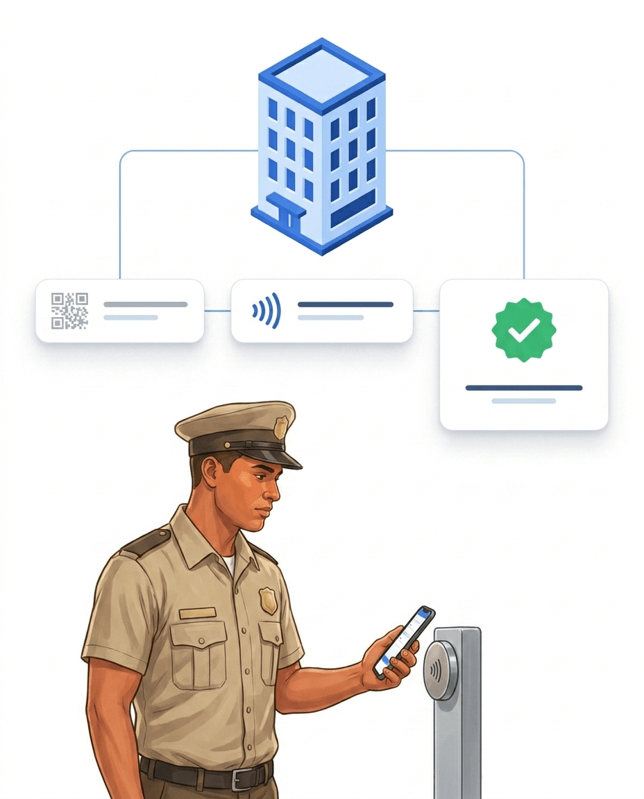 Security guard scanning a checkpoint with a smartphone – the scan is logged with time and location