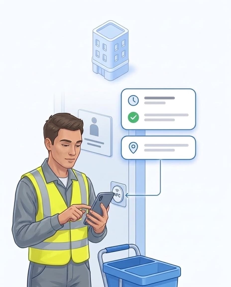 Reinigungskraft in Warnweste hält das Handy an den NFC-Tag an der Anlage
