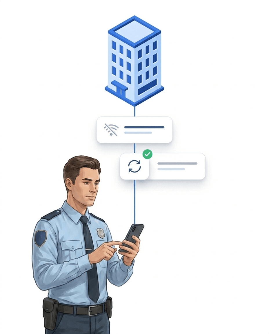 Sicherheitsmitarbeiter stempelt ohne Empfang – die App speichert den Scan offline und synchronisiert später automatisch