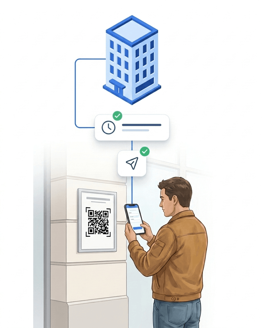 Hausmeister scannt den QR-Code am Objekt mit dem Smartphone – die Arbeitszeit startet mit Zeitstempel und Ortsbezug