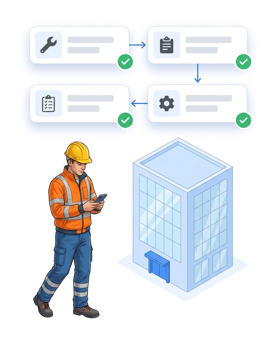 Worker with a smartphone in front of a building, above him four cards connected by arrows forming a process chain