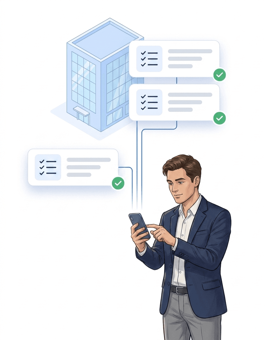 Man in a blazer using his smartphone, above him cards with checklist icons and green check marks