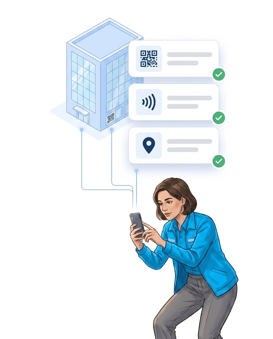 Employee scanning a code at a building entrance with her smartphone, above her cards with QR, NFC, and location icons