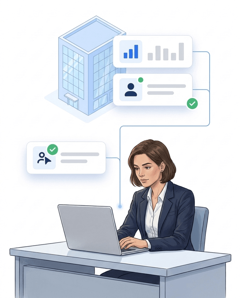 Dispatcher at a laptop, above her cards with a bar chart and person icons with green status dots