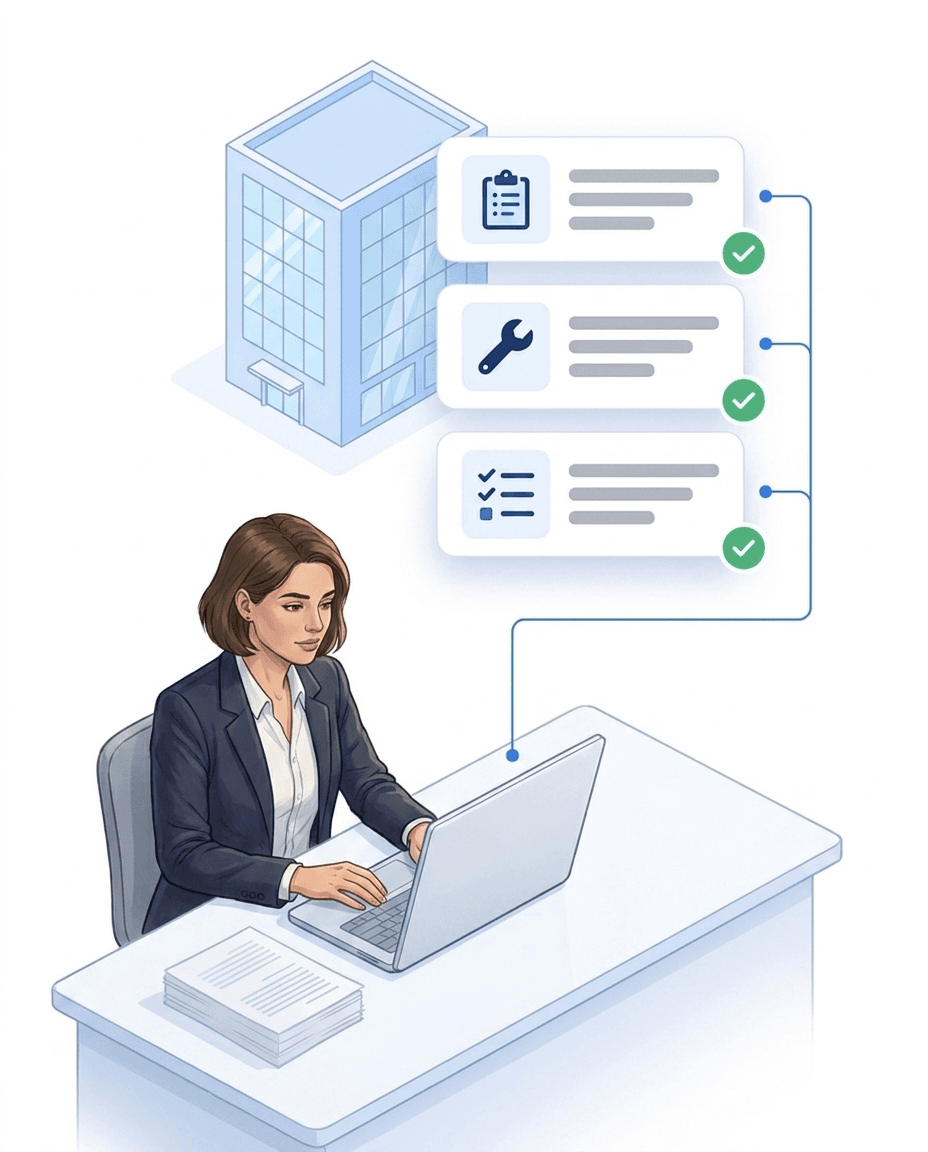 Woman at a desk with a laptop and a paper stack, above her digital cards with checklist icons and green check marks