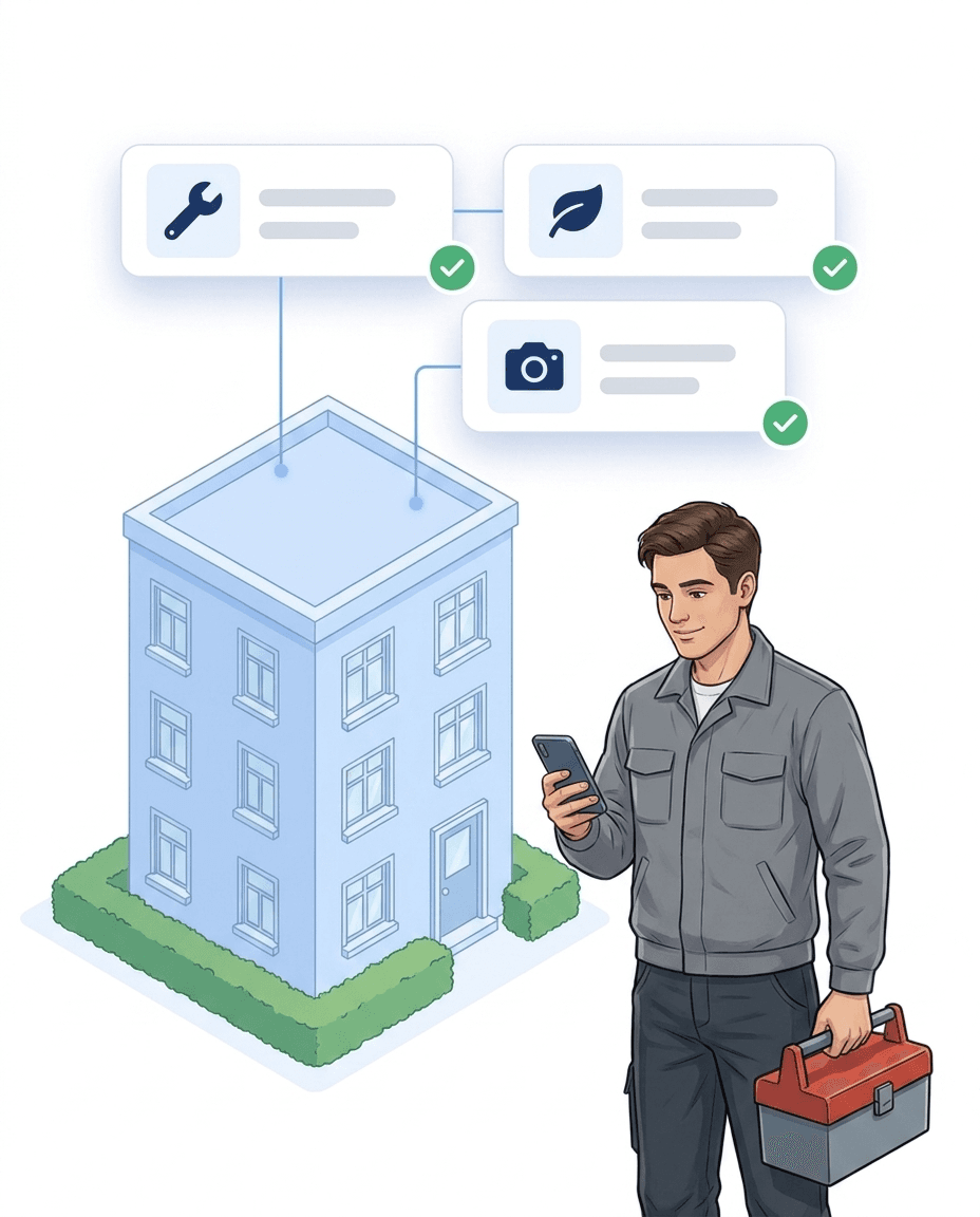 Hausmeister mit Werkzeugkoffer und Smartphone vor einem Wohnhaus mit Hecke, darüber App-Karten für Reparatur, Grünpflege und Foto-Dokumentation