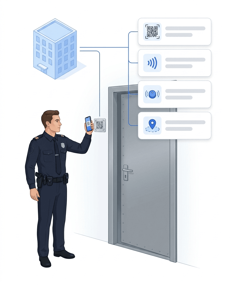 Wachperson in Uniform scannt einen QR-Kontrollpunkt, daneben die vier Erfassungsarten QR-Code, NFC-Chip, Beacon und GPS-Zone